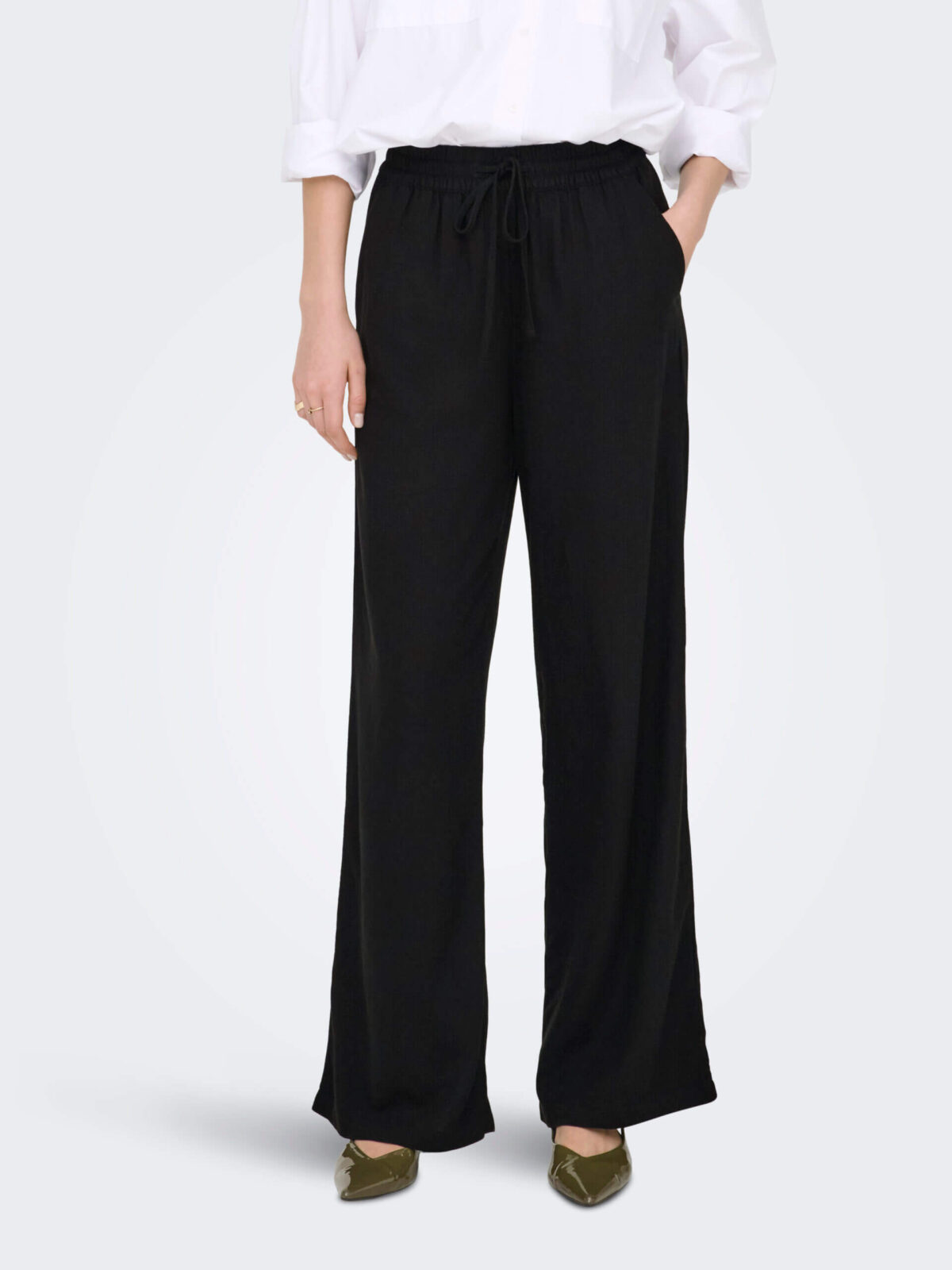 JDY Linen Blend Wide Leg Trousers in Black