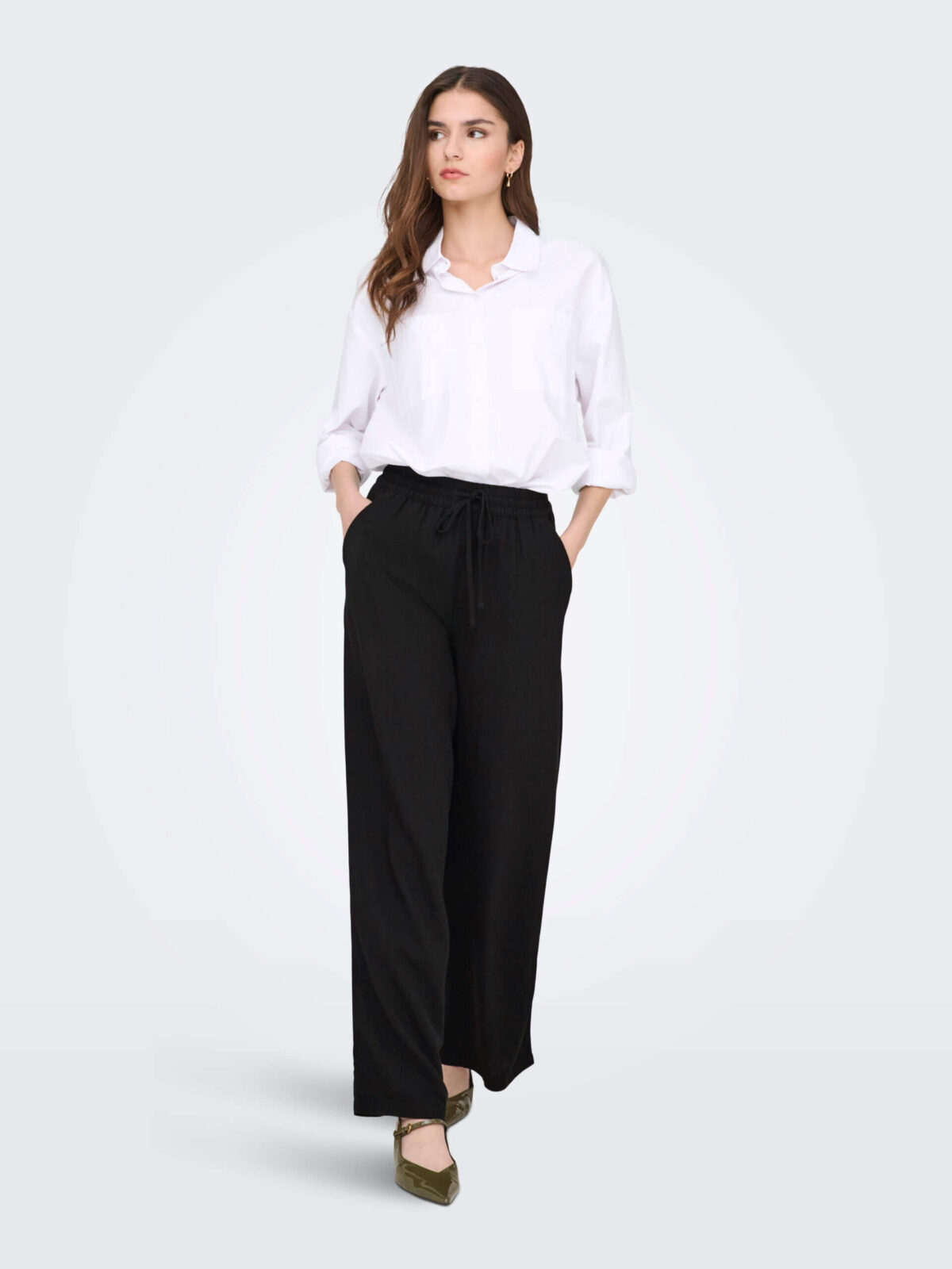 JDY Linen Blend Wide Leg Trousers in Black