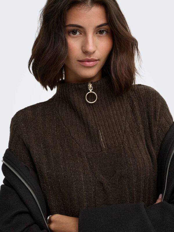 JDY Half Zip Cable Knit Jumper in Chocolate